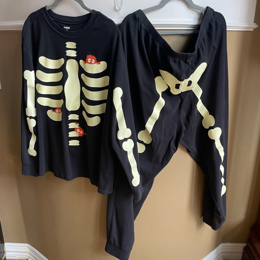 Gymboree Skeleton Adult Glow in the Dark Skeleton Black 2PC PJ Lounge Set 2XL